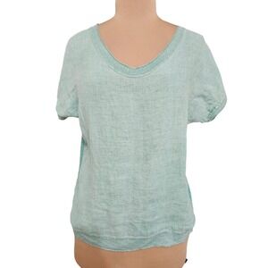 Colette Italy Linen Cotton V-Neck Metallic Trim Top Seafoam Green Coastal Pastel